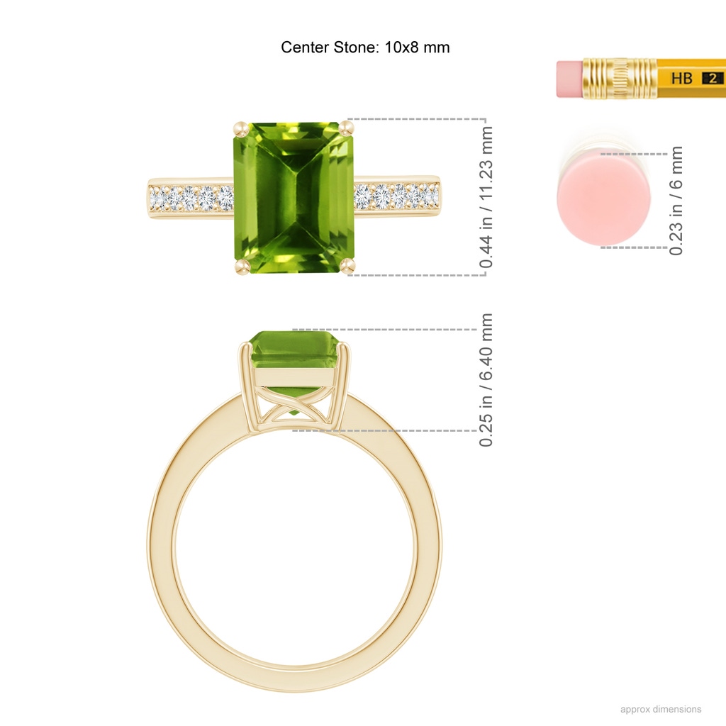 10x8mm AAAA Octagonal Peridot Cocktail Ring with Diamonds in Yellow Gold Ruler