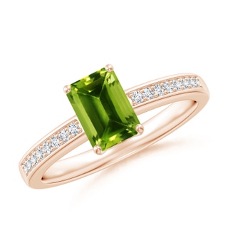 7x5mm AAAA Octagonal Peridot Cocktail Ring with Diamonds in 10K Rose Gold