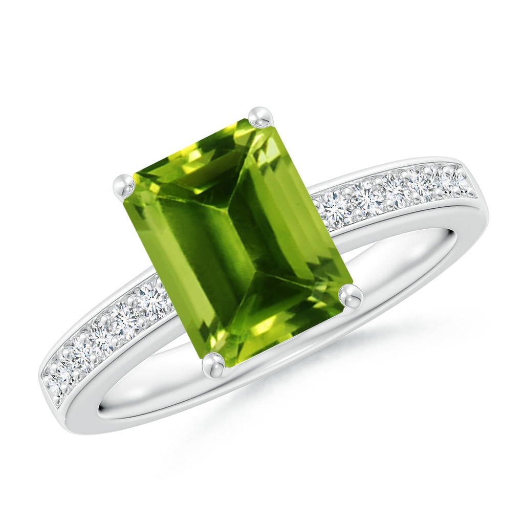 9x7mm AAAA Octagonal Peridot Cocktail Ring with Diamonds in White Gold