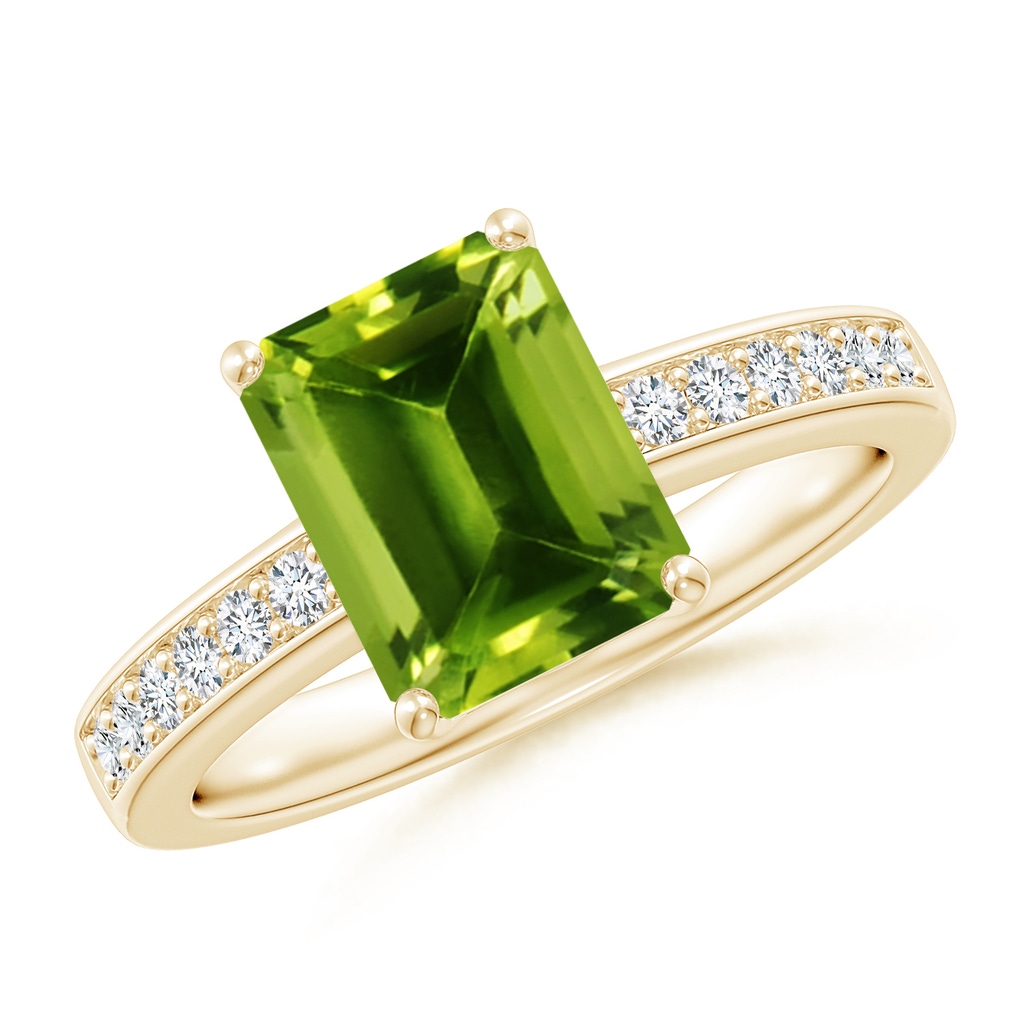 9x7mm AAAA Octagonal Peridot Cocktail Ring with Diamonds in Yellow Gold