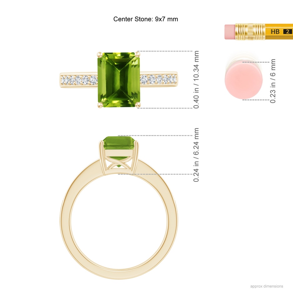 9x7mm AAAA Octagonal Peridot Cocktail Ring with Diamonds in Yellow Gold ruler