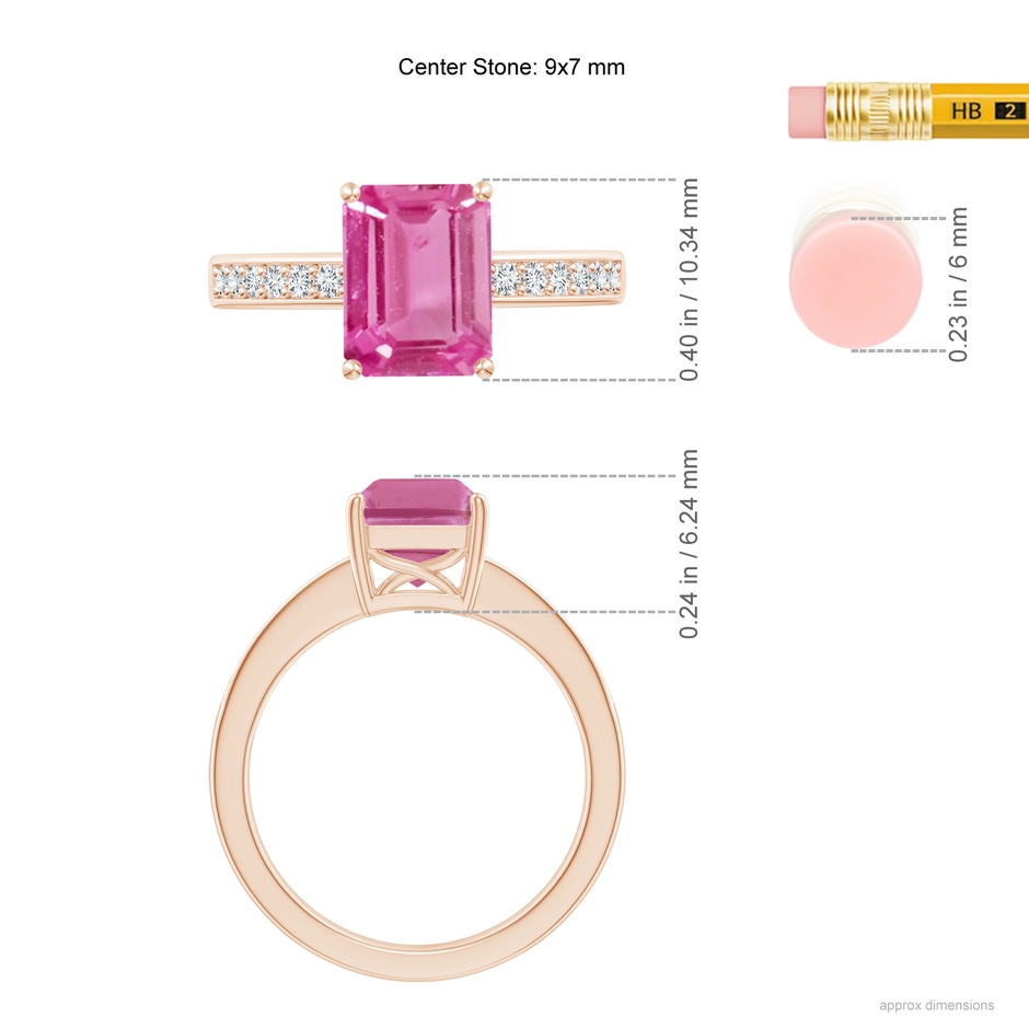 9x7mm AAA Octagonal Pink Sapphire Cocktail Ring with Diamonds in Rose Gold ruler