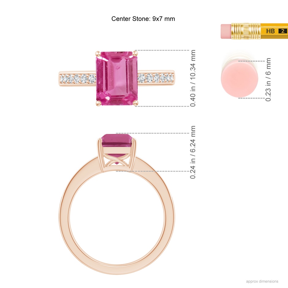9x7mm AAAA Octagonal Pink Sapphire Cocktail Ring with Diamonds in Rose Gold Ruler