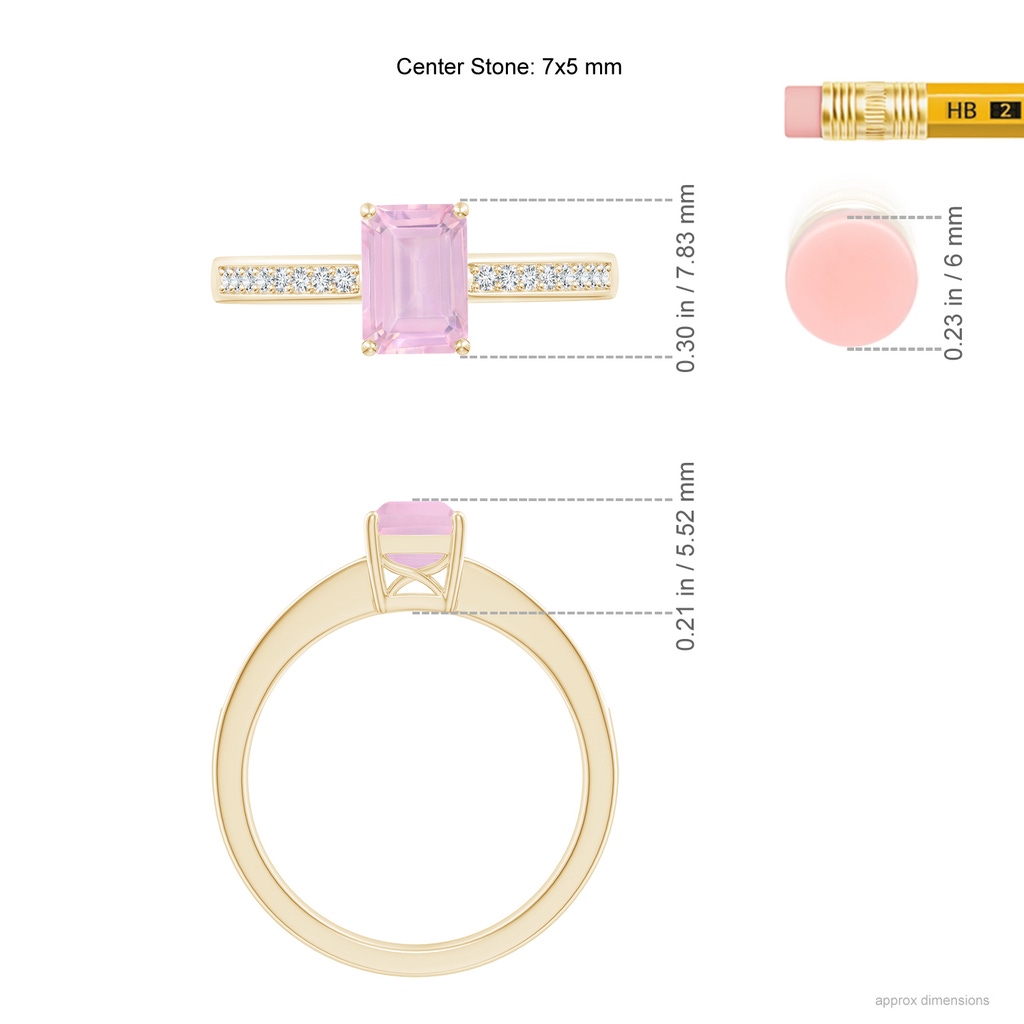 7x5mm AAAA Octagonal Rose Quartz Cocktail Ring with Diamonds in Yellow Gold Ruler
