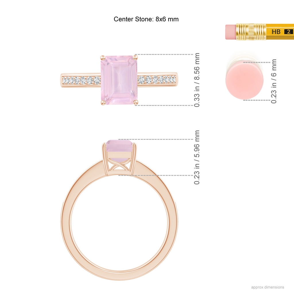8x6mm AAA Octagonal Rose Quartz Cocktail Ring with Diamonds in Rose Gold Ruler