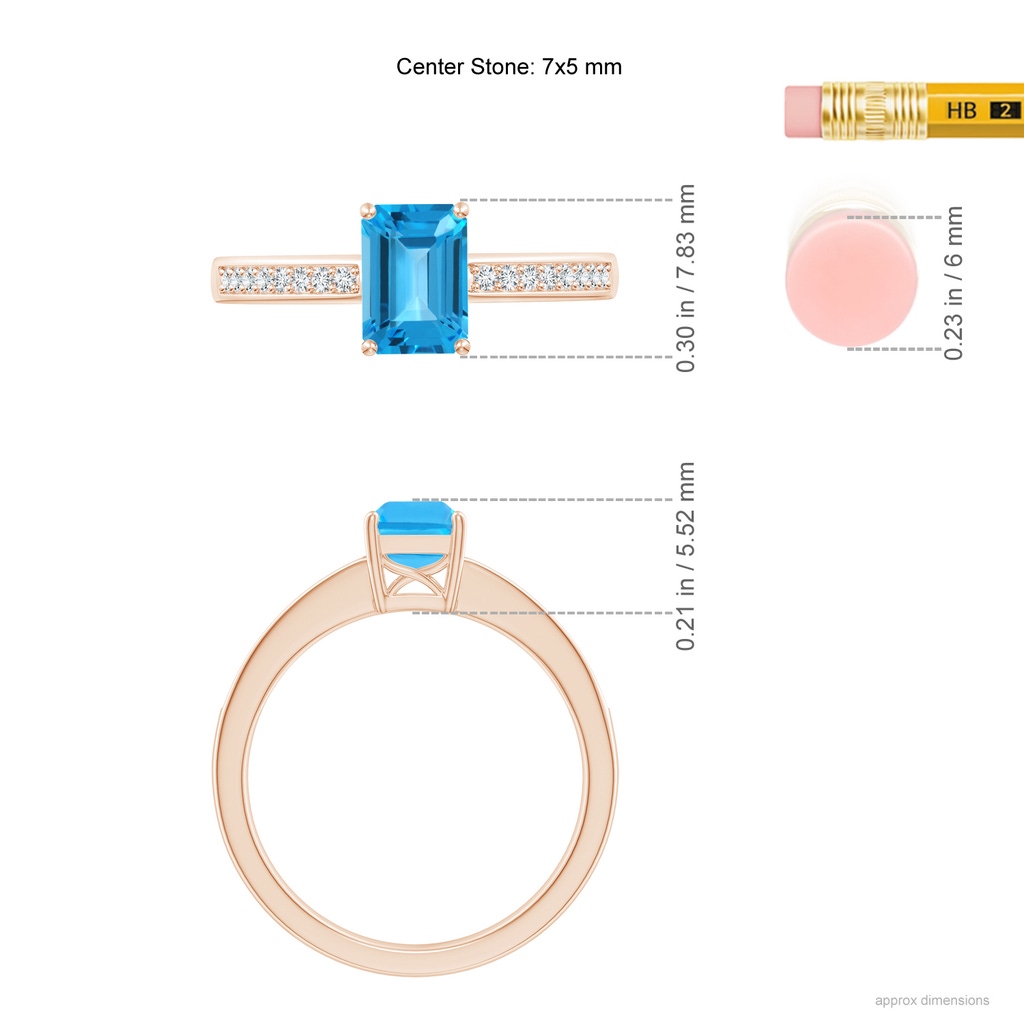 7x5mm AAA Octagonal Swiss Blue Topaz Cocktail Ring with Diamonds in Rose Gold Ruler