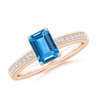 7x5mm AAAA Octagonal Swiss Blue Topaz Cocktail Ring with Diamonds in 9K Rose Gold