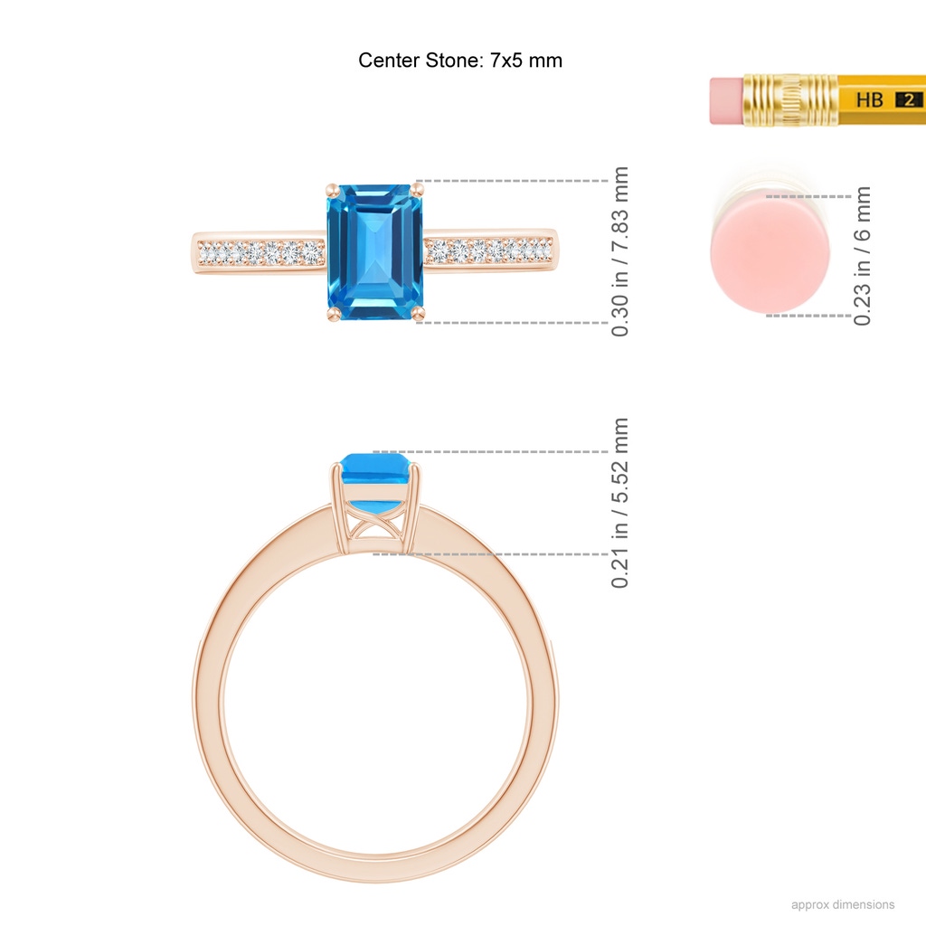 7x5mm AAAA Octagonal Swiss Blue Topaz Cocktail Ring with Diamonds in Rose Gold Ruler