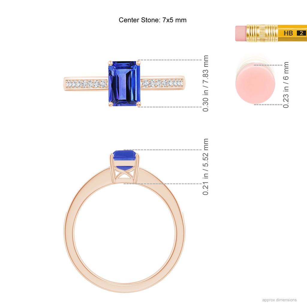 7x5mm AAA Octagonal Tanzanite Cocktail Ring with Diamonds in Rose Gold Ruler