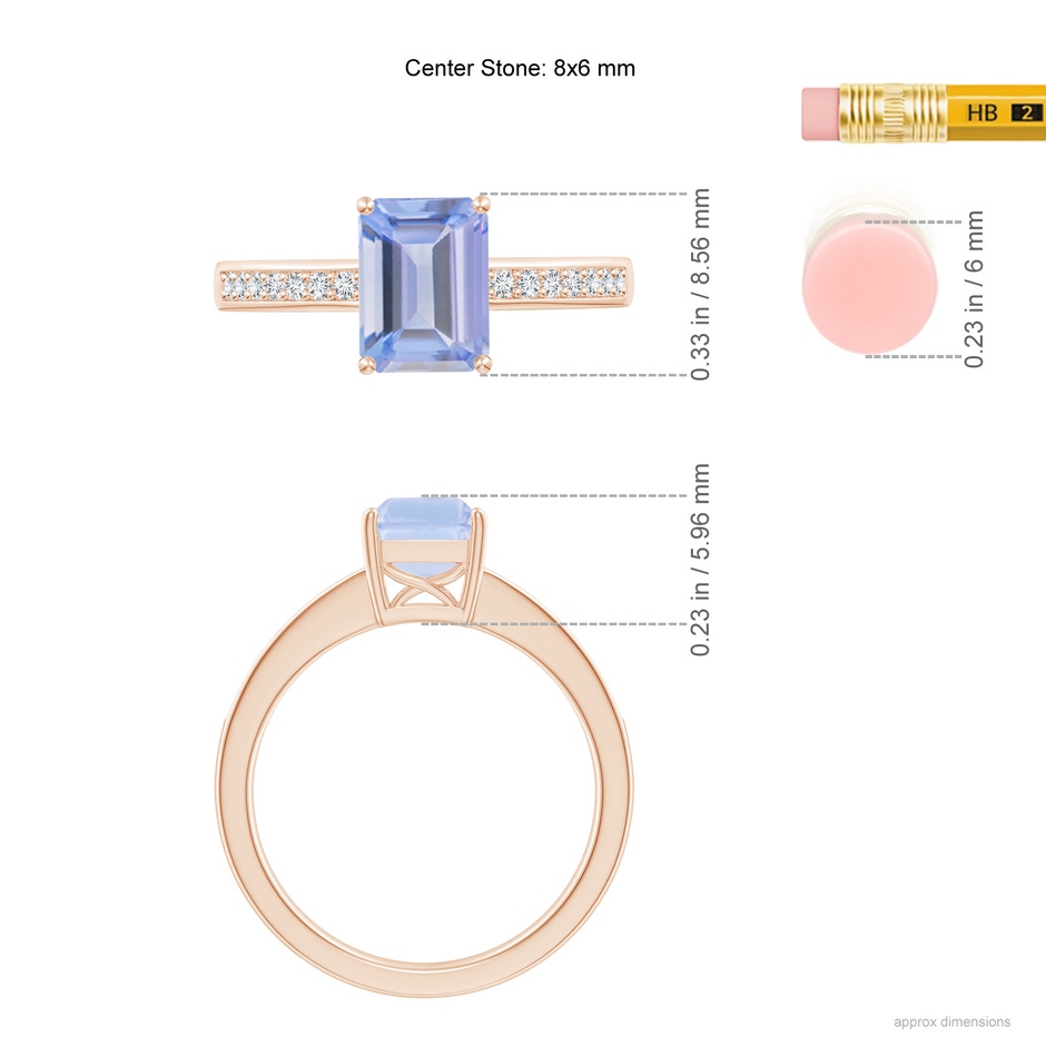 8x6mm A Octagonal Tanzanite Cocktail Ring with Diamonds in Rose Gold ruler