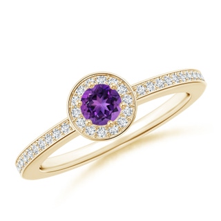 4mm AAAA Amethyst Halo Ring with Diamond Accents in 9K Yellow Gold
