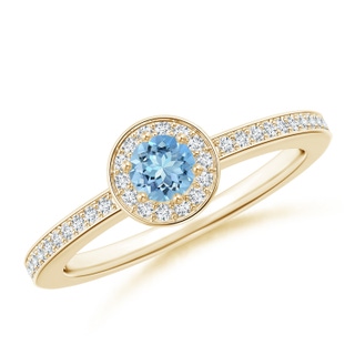 4mm AAAA Aquamarine Halo Ring with Diamond Accents in Yellow Gold