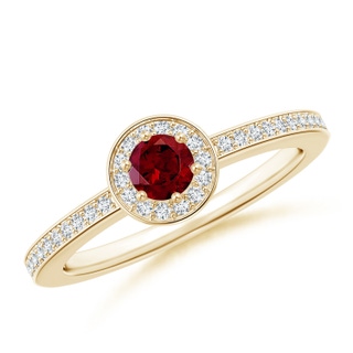 4mm AAA Garnet Halo Ring with Diamond Accents in Yellow Gold