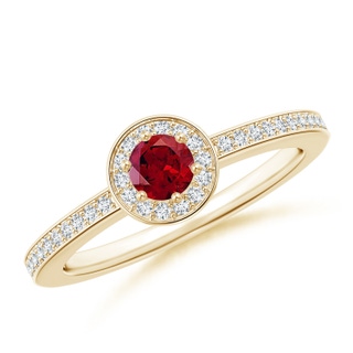 4mm AAAA Garnet Halo Ring with Diamond Accents in Yellow Gold