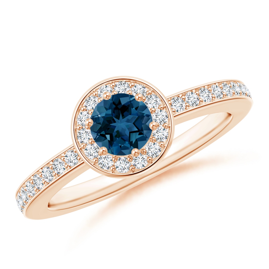 5mm AAA London Blue Topaz Halo Ring with Diamond Accents in Rose Gold