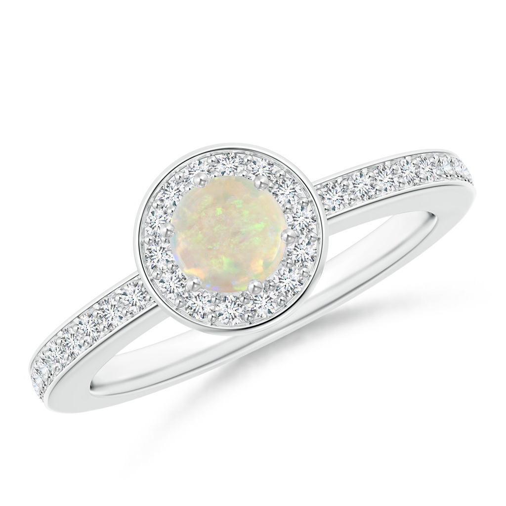 5mm AAA Opal Halo Ring with Diamond Accents in White Gold
