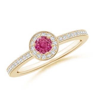 4mm AAAA Pink Sapphire Halo Ring with Diamond Accents in Yellow Gold