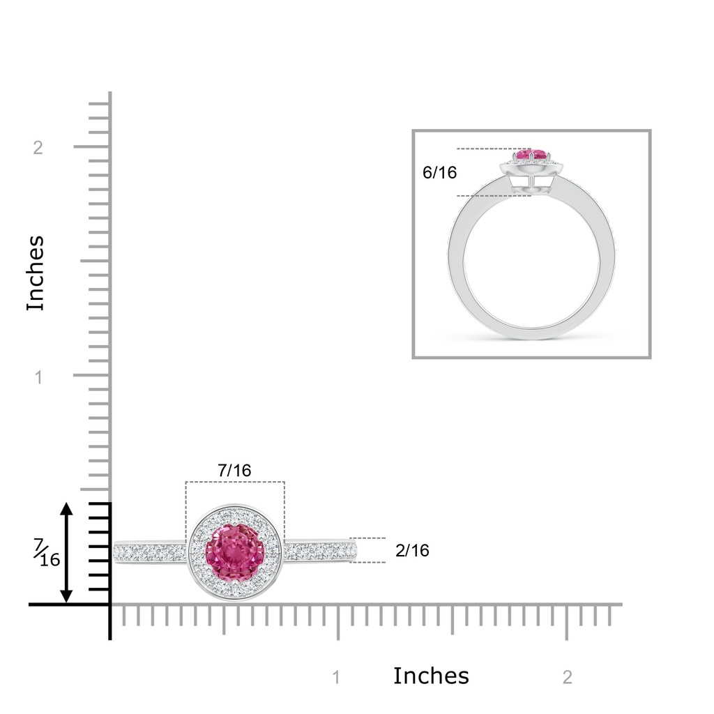 6mm AAAA Pink Sapphire Halo Ring with Diamond Accents in White Gold Ruler