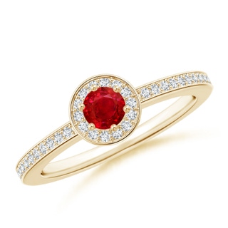 4mm AAA Ruby Halo Ring with Diamond Accents in Yellow Gold
