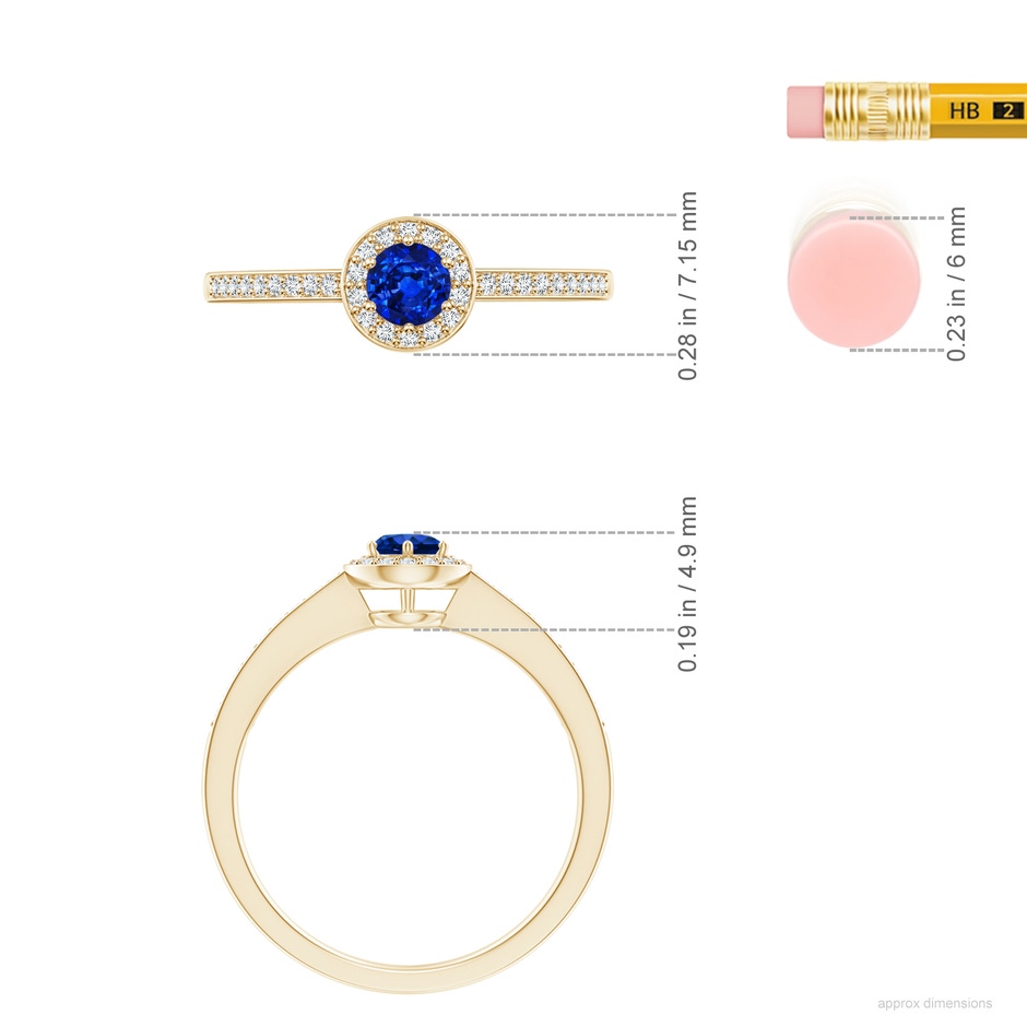 4mm AAAA Blue Sapphire Halo Ring with Diamond Accents in Yellow Gold ruler