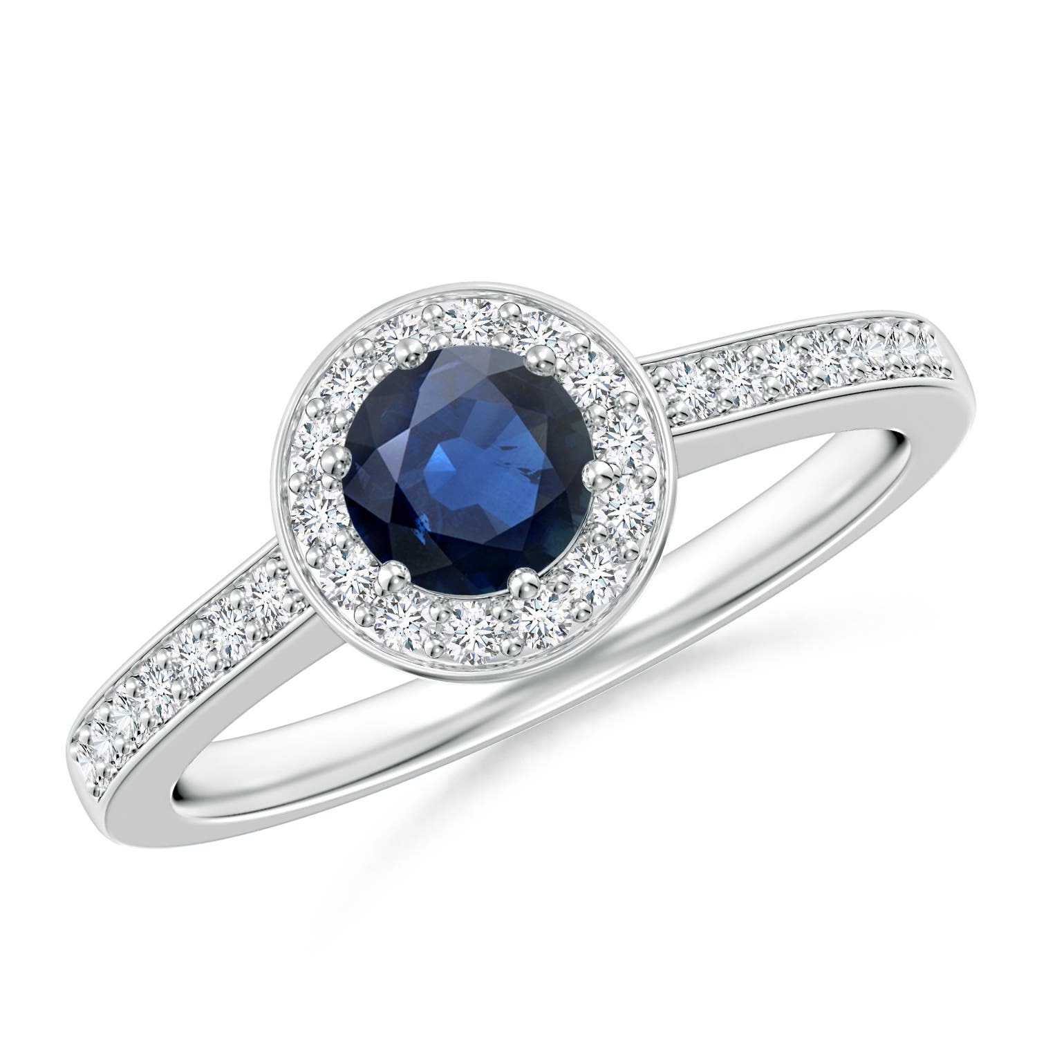 5mm AA Blue Sapphire Halo Ring with Diamond Accents in P950 Platinum