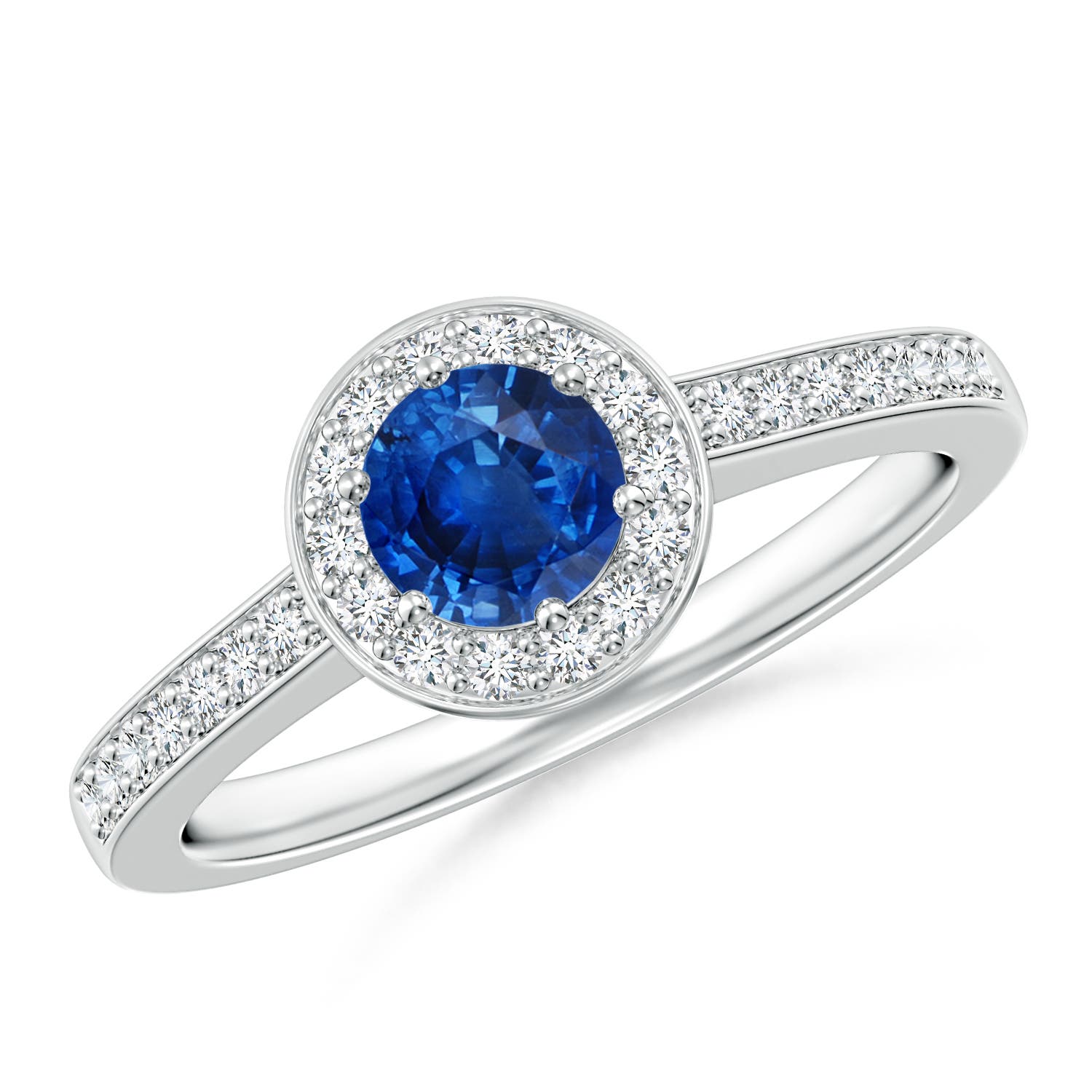 5mm AAA Blue Sapphire Halo Ring with Diamond Accents in 18K White Gold