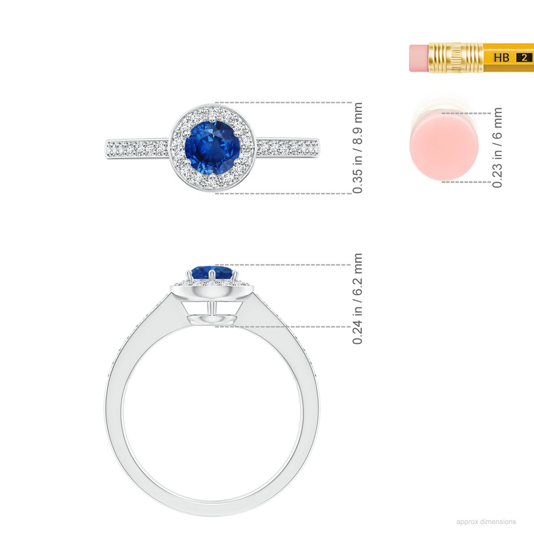 5mm AAA Blue Sapphire Halo Ring with Diamond Accents in White Gold - ruler