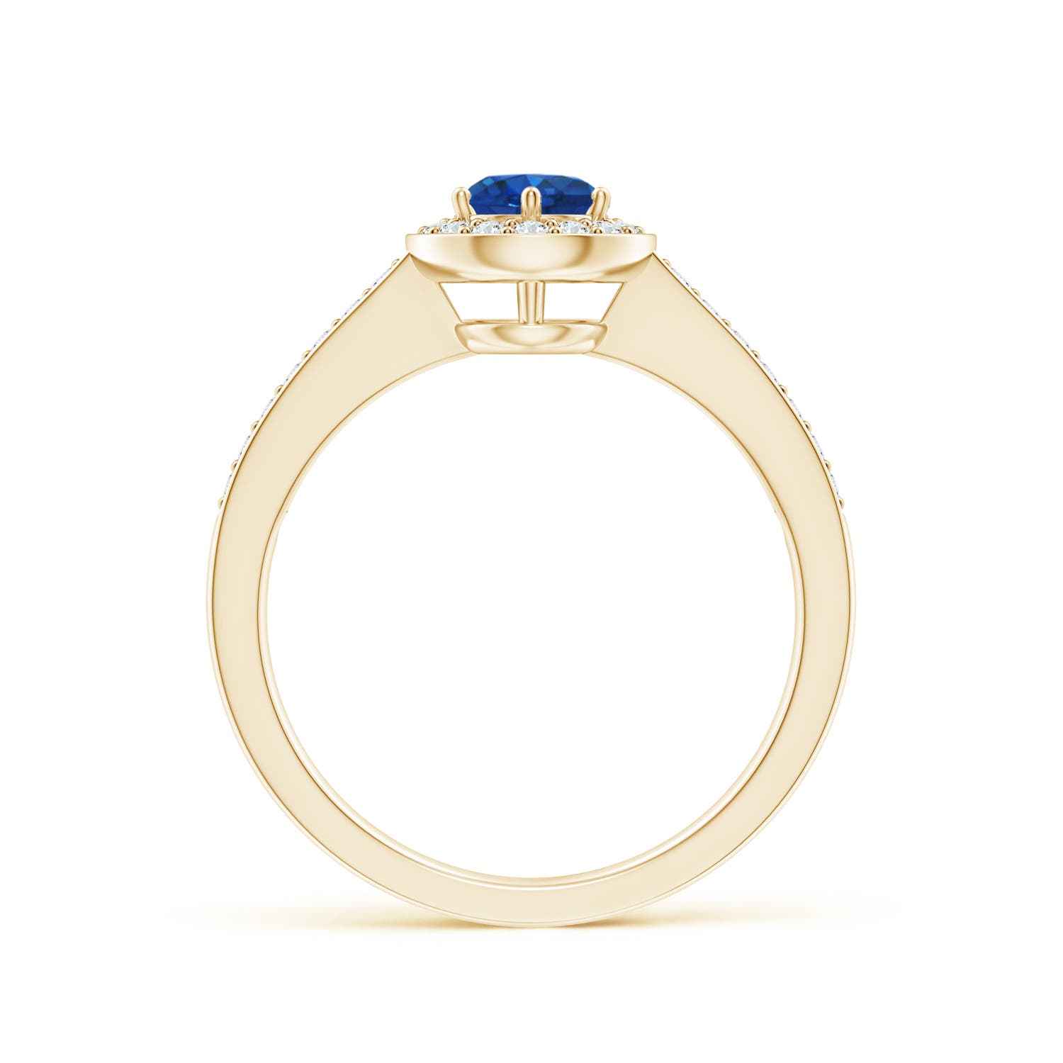 5mm AAA Blue Sapphire Halo Ring with Diamond Accents in Yellow Gold