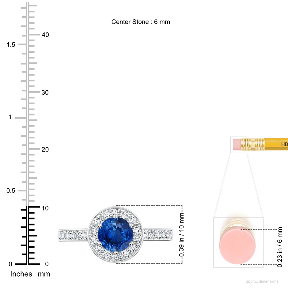 6mm AAA Blue Sapphire Halo Ring with Diamond Accents in White Gold ruler