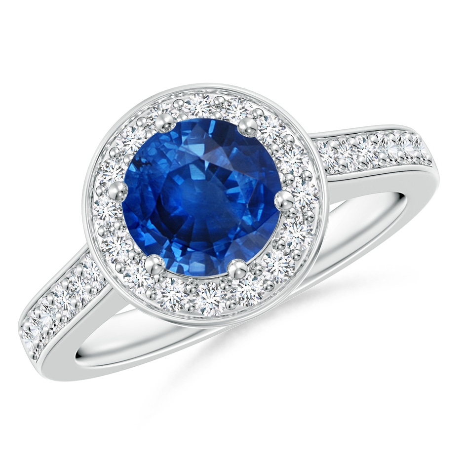 7mm AAA Blue Sapphire Halo Ring with Diamond Accents in White Gold 
