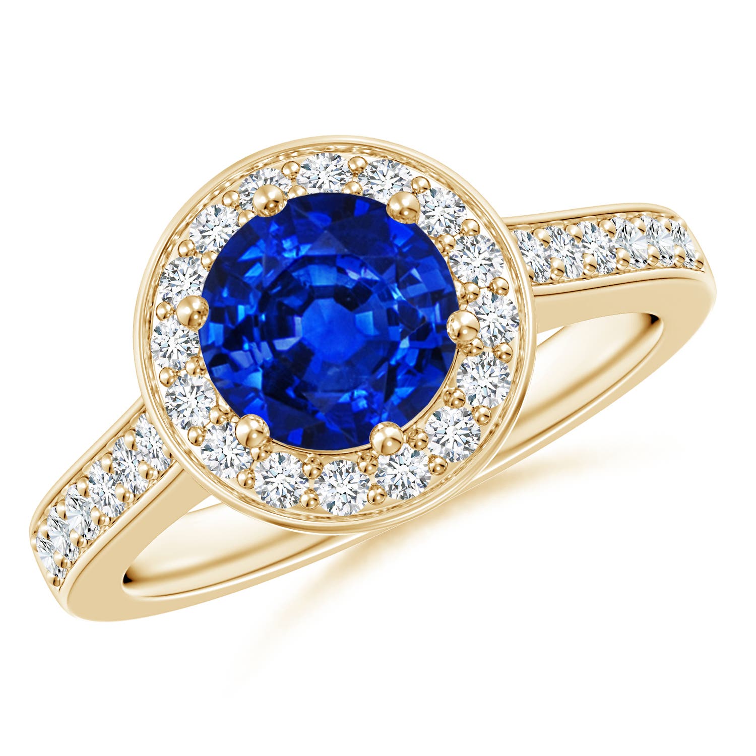 7mm AAAA Blue Sapphire Halo Ring with Diamond Accents in 18K Yellow Gold