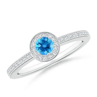 4mm AAAA Swiss Blue Topaz Halo Ring with Diamond Accents in White Gold