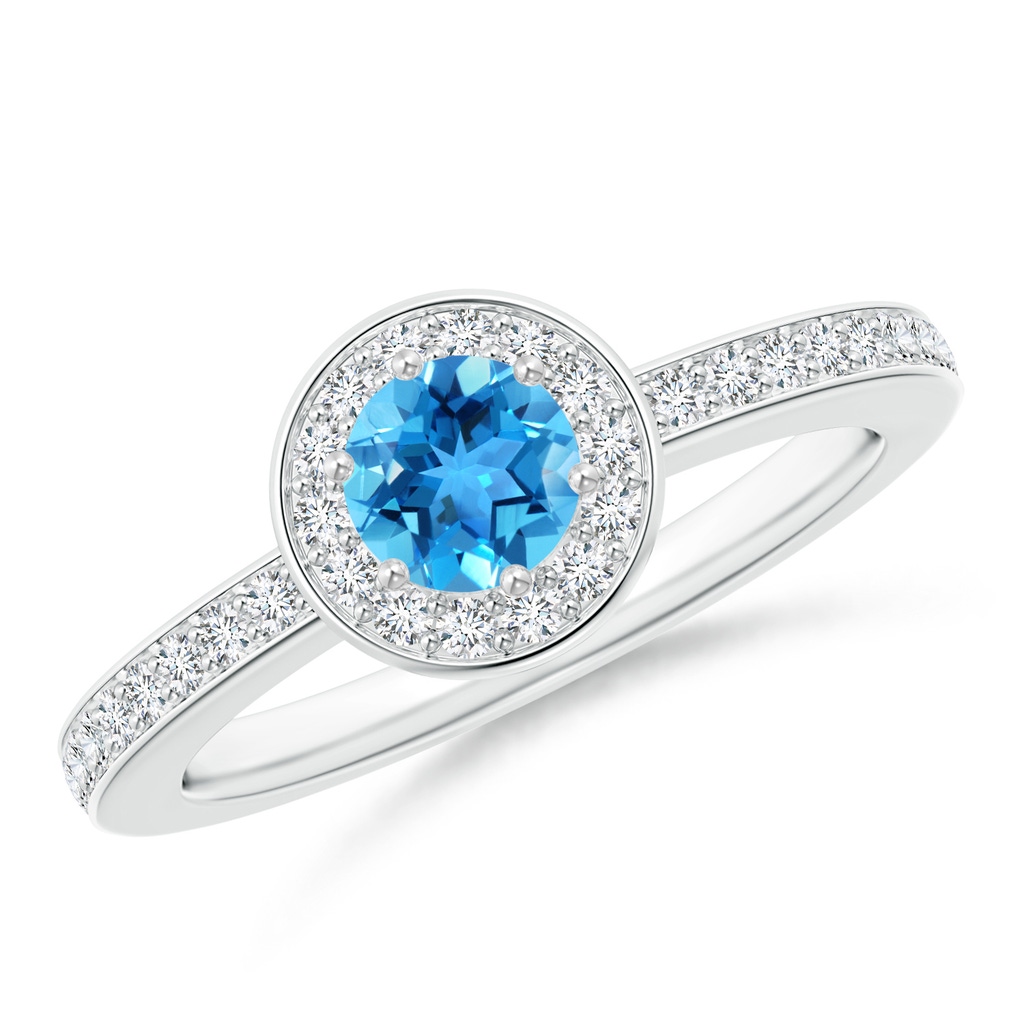 5mm AAA Swiss Blue Topaz Halo Ring with Diamond Accents in White Gold