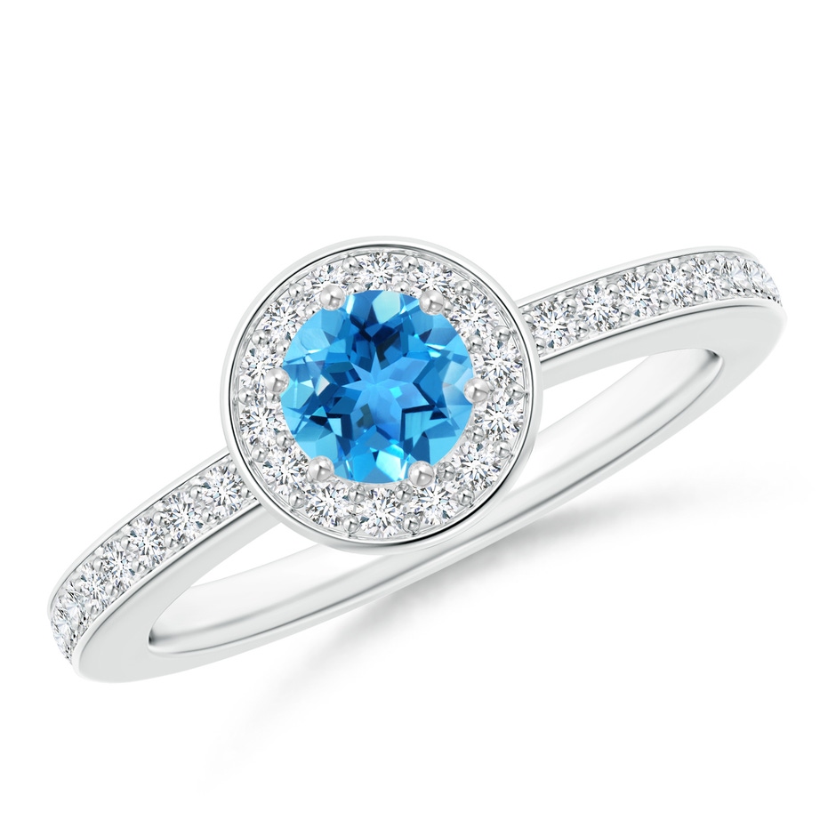 5mm AAA Swiss Blue Topaz Halo Ring with Diamond Accents in White Gold 