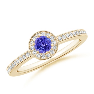 4mm AAAA Tanzanite Halo Ring with Diamond Accents in Yellow Gold