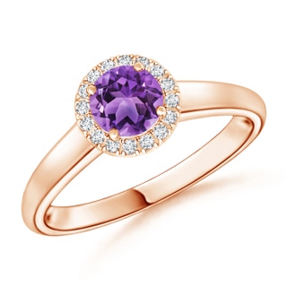 5mm AA Classic Round Amethyst and Diamond Halo Ring in 9K Rose Gold