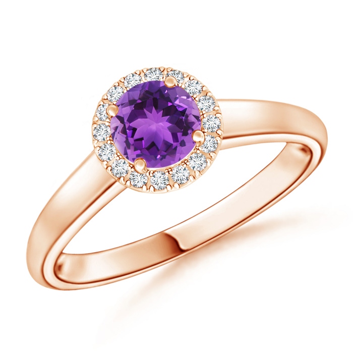 5mm AAA Classic Round Amethyst and Diamond Halo Ring in 10K Rose Gold 