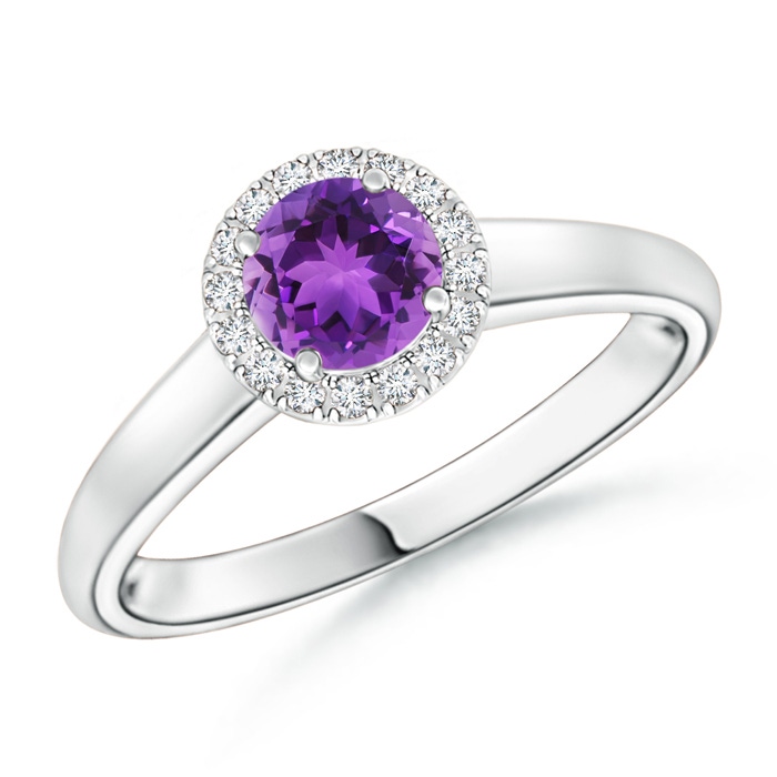 5mm AAA Classic Round Amethyst and Diamond Halo Ring in White Gold