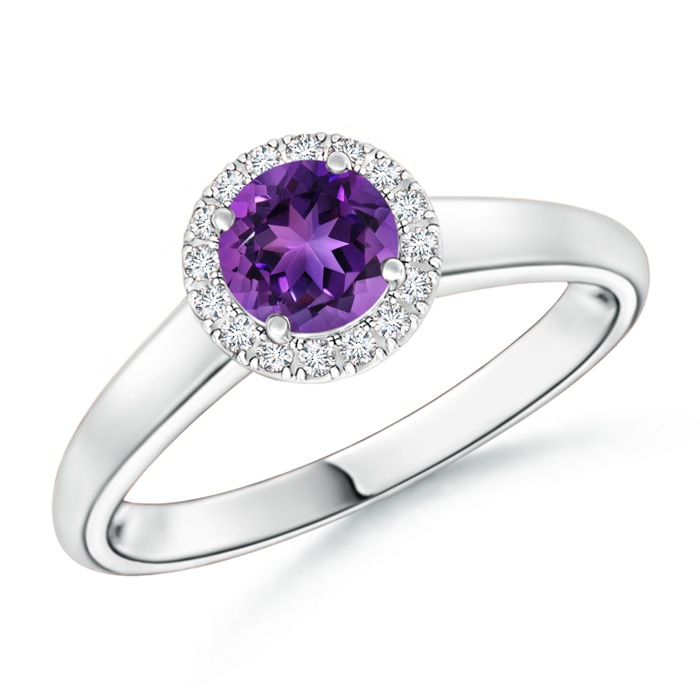 5mm AAAA Classic Round Amethyst and Diamond Halo Ring in White Gold