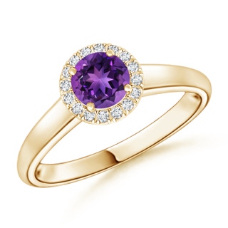 5mm AAAA Classic Round Amethyst and Diamond Halo Ring in Yellow Gold