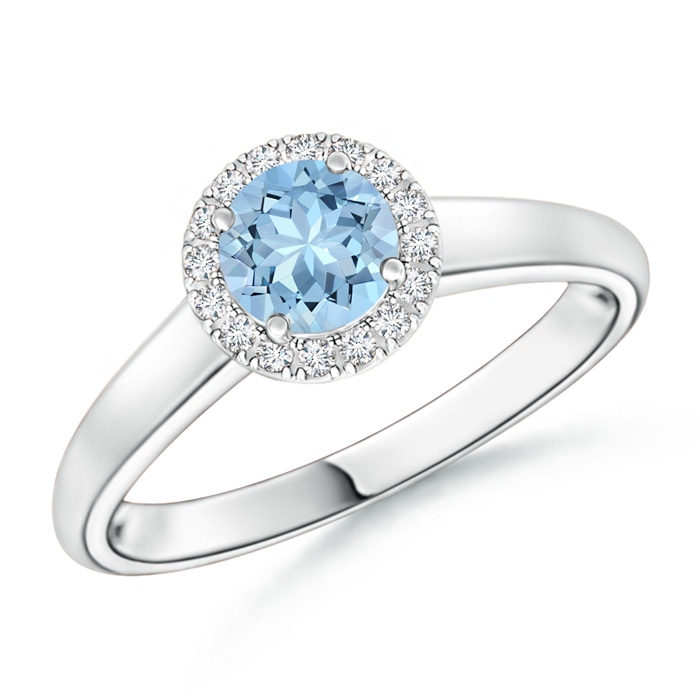 5mm AAA Classic Round Aquamarine and Diamond Halo Ring in White Gold