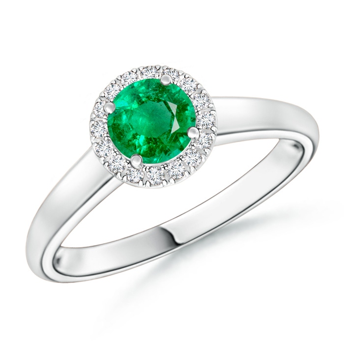 5mm AAA Classic Round Emerald and Diamond Halo Ring in White Gold 