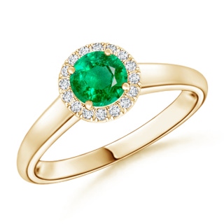 5mm AAA Classic Round Emerald and Diamond Halo Ring in Yellow Gold