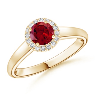 5mm AAAA Classic Round Garnet and Diamond Halo Ring in Yellow Gold