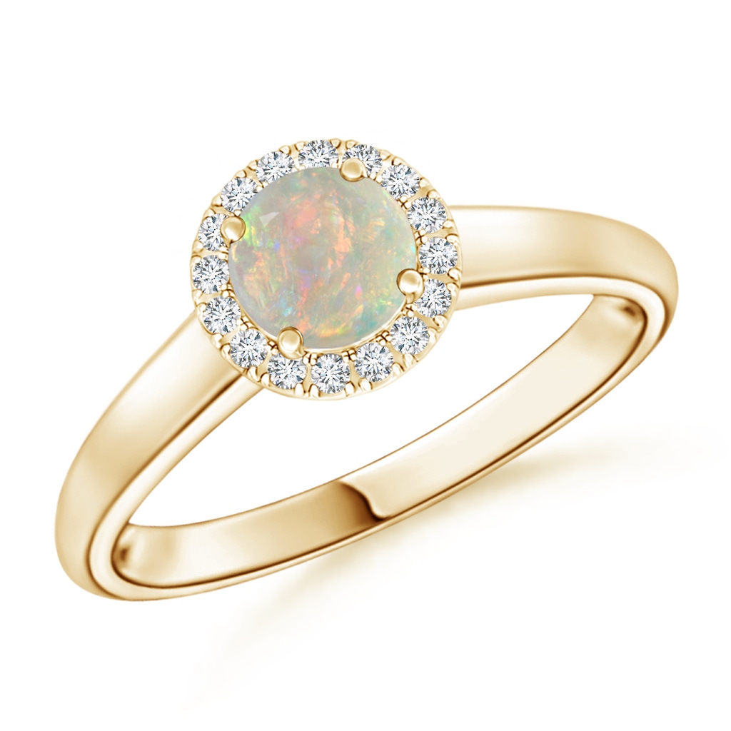 5mm AAAA Classic Round Opal and Diamond Halo Ring in Yellow Gold