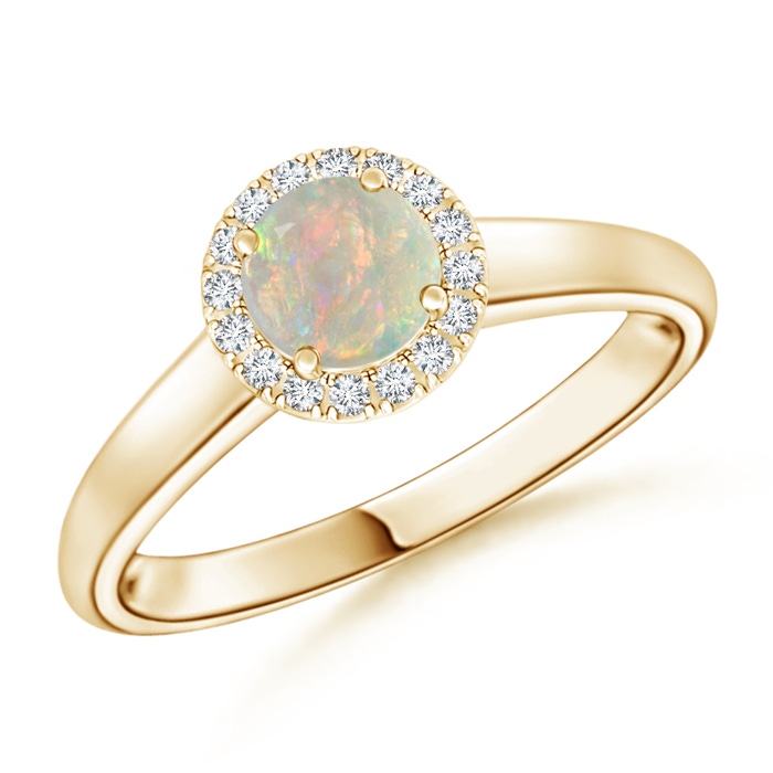 5mm AAAA Classic Round Opal and Diamond Halo Ring in Yellow Gold 