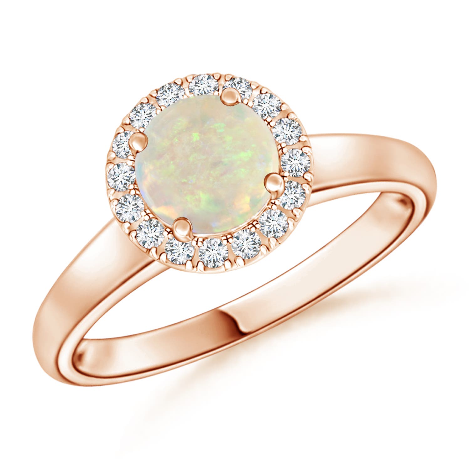 6mm AAA Classic Round Opal and Diamond Halo Ring in 18CT Rose Gold