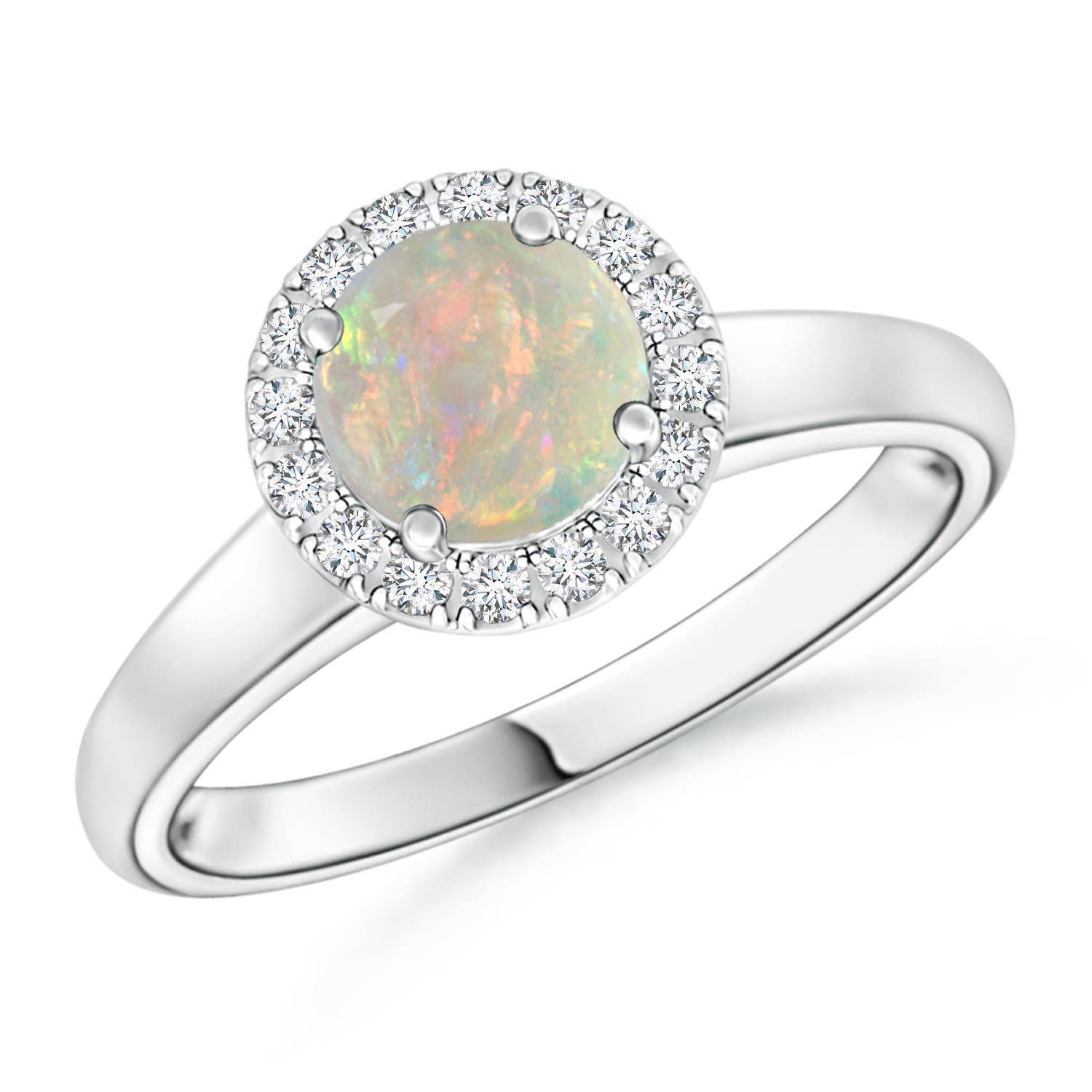 6mm AAAA Classic Round Opal and Diamond Halo Ring in 18K White Gold