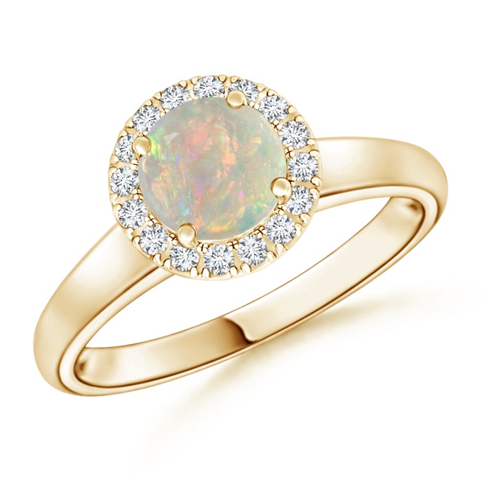 6mm AAAA Classic Round Opal and Diamond Halo Ring in Yellow Gold