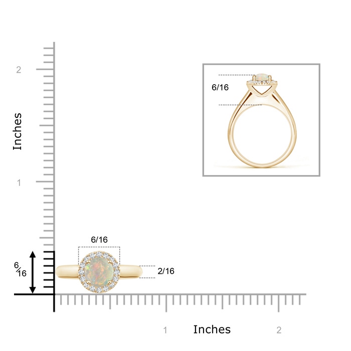 6mm AAAA Classic Round Opal and Diamond Halo Ring in Yellow Gold ruler